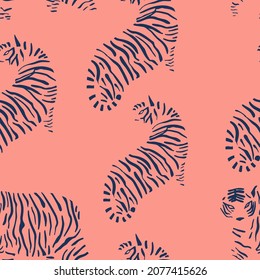 Abstract silhouette Tiger seamless pattern. Wild life animals. Deep blue and pink vector isolated illustration