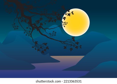 Abstract silhouette tree in night view of blue montain and full moon on blue sky with lake.