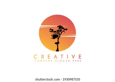 abstract silhouette tree with sun logo design vector illustration. abstract silhouette tree with sun nature logos element design