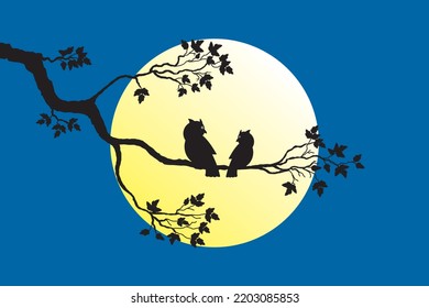Abstract silhouette tree with two owls on branch with moon and empty blue background.