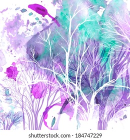 Abstract silhouette of trees on watercolor background