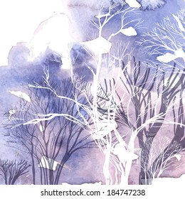 Abstract silhouette of trees on watercolor background