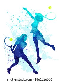 Abstract silhouette of two girls playing tennis. Vector illustration