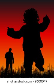 Abstract silhouette vector illustration of a proud dad watching his kids first steps