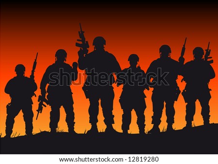 Abstract silhouette vector illustration of several soldiers against a sunset
