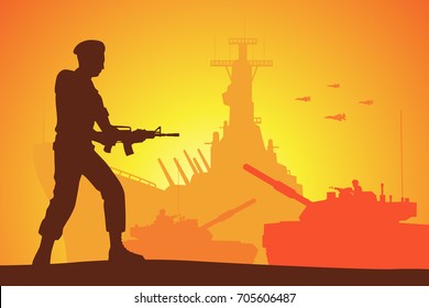 Abstract silhouette vector illustration of soldier against a sunset