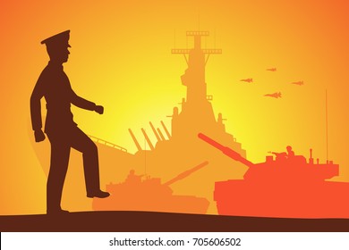 Abstract silhouette vector illustration of soldier against a sunset
