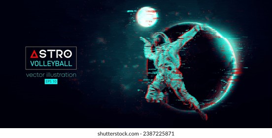 Abstract silhouette of a volleyball player astronaut in space action and Earth, Mars, planets on the background of the space. Volleyball player astronaut hits the ball. Vector 3d render illustration