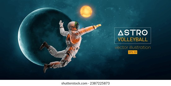 Abstract silhouette of a volleyball player astronaut in space action and Earth, Mars, planets on the background of the space. Volleyball player astronaut hits the ball. Vector 3d render illustration