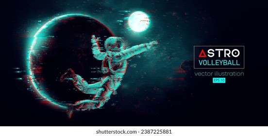 Abstract silhouette of a volleyball player astronaut in space action and Earth, Mars, planets on the background of the space. Volleyball player astronaut hits the ball. Vector 3d render illustration