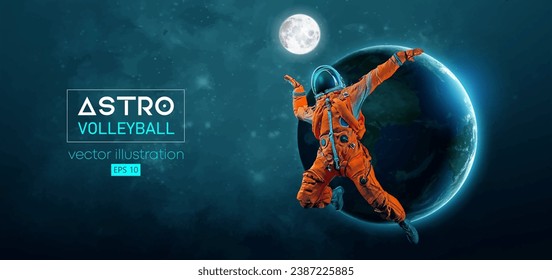 Abstract silhouette of a volleyball player astronaut in space action and Earth, Mars, planets on the background of the space. Volleyball player astronaut hits the ball. Vector 3d render illustration