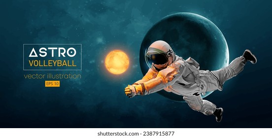 Abstract silhouette of a volleyball player astronaut in space action and Earth, Mars, planets on the background of the space. Volleyball player astronaut hits the ball. Vector 3d render illustration