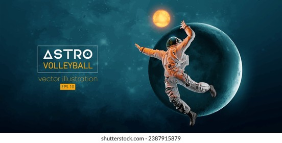 Abstract silhouette of a volleyball player astronaut in space action and Earth, Mars, planets on the background of the space. Volleyball player astronaut hits the ball. Vector 3d render illustration