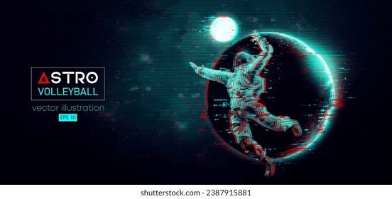 Abstract silhouette of a volleyball player astronaut in space action and Earth, Mars, planets on the background of the space. Volleyball player astronaut hits the ball. Vector 3d render illustration