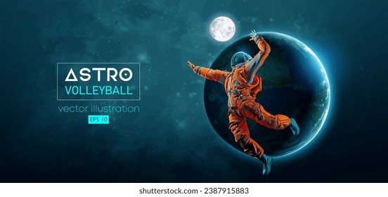 Abstract silhouette of a volleyball player astronaut in space action and Earth, Mars, planets on the background of the space. Volleyball player astronaut hits the ball. Vector 3d render illustration