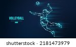 Abstract silhouette of a volleyball player on blue background. Volleyball player man hits the ball. Vector illustration