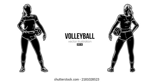 Abstract silhouette of a volleyball player on white background. Volleyball player woman hits the ball. Vector illustration