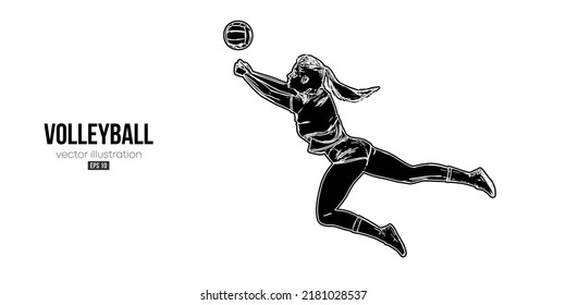 Abstract silhouette of a volleyball player on white background. Volleyball player woman hits the ball. Vector illustration