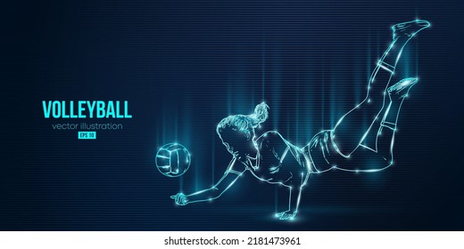 Abstract silhouette of a volleyball player on blue background. Volleyball player woman hits the ball. Vector illustration