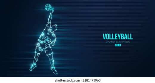 Abstract silhouette of a volleyball player on blue background. Volleyball player man hits the ball. Vector illustration