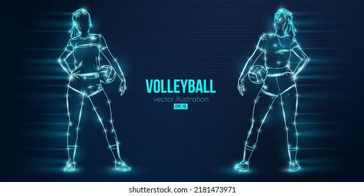 Abstract silhouette of a volleyball player on blue background. Volleyball player woman hits the ball. Vector illustration