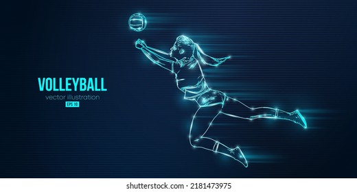 Abstract silhouette of a volleyball player on blue background. Volleyball player woman hits the ball. Vector illustration