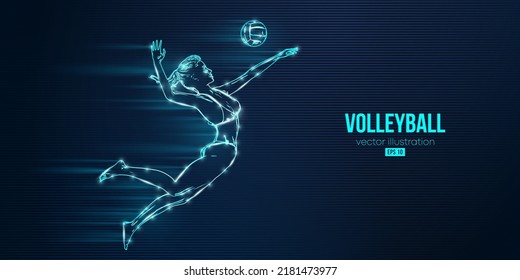 Abstract silhouette of a volleyball player on blue background. Volleyball player woman hits the ball. Vector illustration