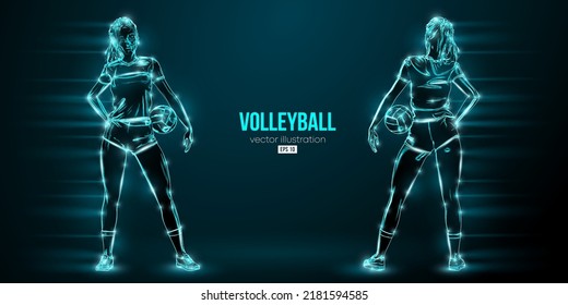 Abstract silhouette of a volleyball player on blue background. Volleyball player woman hits the ball. Vector illustration