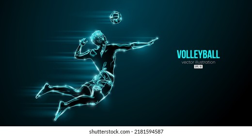 Abstract silhouette of a volleyball player on blue background. Volleyball player man hits the ball. Vector illustration