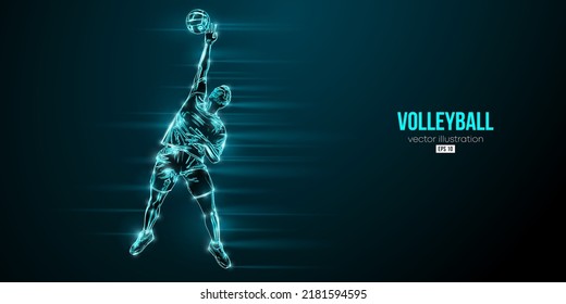 Abstract silhouette of a volleyball player on blue background. Volleyball player man hits the ball. Vector illustration
