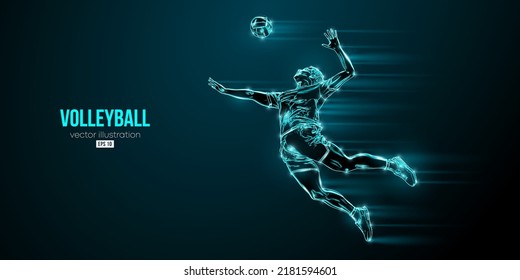 Abstract silhouette of a volleyball player on blue background. Volleyball player man hits the ball. Vector illustration