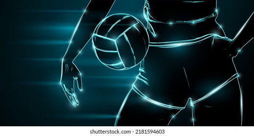 Abstract silhouette of a volleyball player on blue background. Volleyball player woman hits the ball. Vector illustration