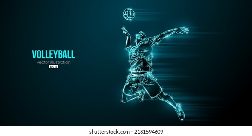 Abstract silhouette of a volleyball player on blue background. Volleyball player man hits the ball. Vector illustration