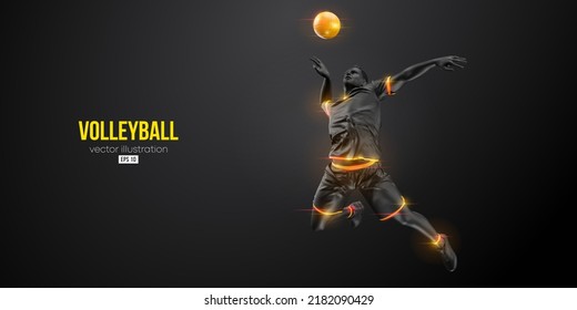 Abstract silhouette of a volleyball player on blue background. Volleyball player man hits the ball. Vector illustration