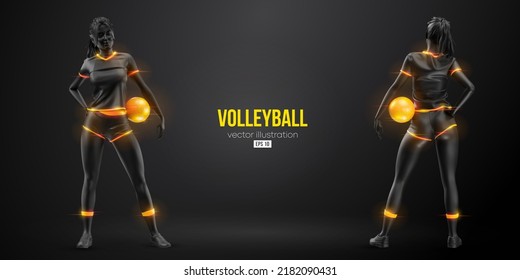 Abstract silhouette of a volleyball player on blue background. Volleyball player woman hits the ball. Vector illustration