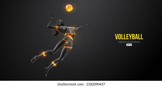 Abstract silhouette of a volleyball player on blue background. Volleyball player woman hits the ball. Vector illustration