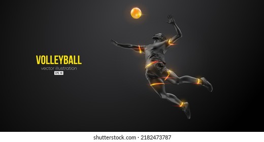 Abstract silhouette of a volleyball player on blue background. Volleyball player man hits the ball. Vector illustration