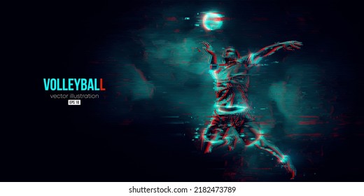 Abstract silhouette of a volleyball player on blue background. Volleyball player man hits the ball. Vector illustration