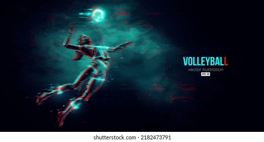 Abstract silhouette of a volleyball player on blue background. Volleyball player woman hits the ball. Vector illustration