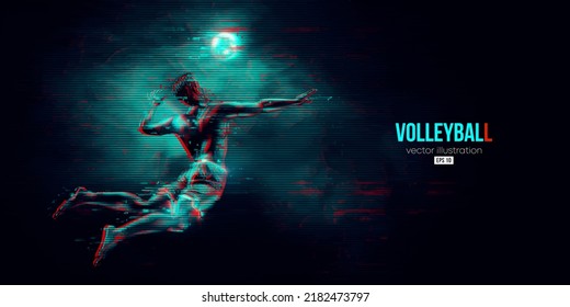 Abstract silhouette of a volleyball player on blue background. Volleyball player man hits the ball. Vector illustration