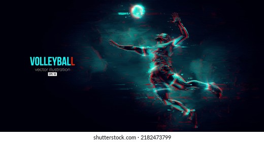 Abstract silhouette of a volleyball player on blue background. Volleyball player man hits the ball. Vector illustration