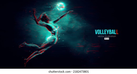 Abstract silhouette of a volleyball player on blue background. Volleyball player woman hits the ball. Vector illustration