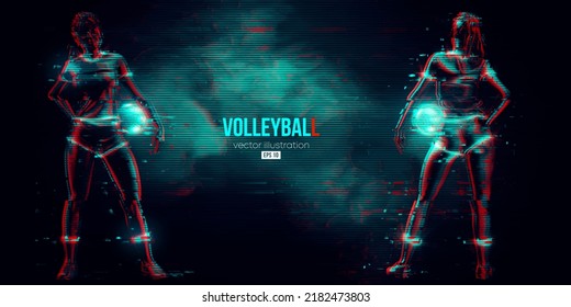 Abstract silhouette of a volleyball player on blue background. Volleyball player woman hits the ball. Vector illustration