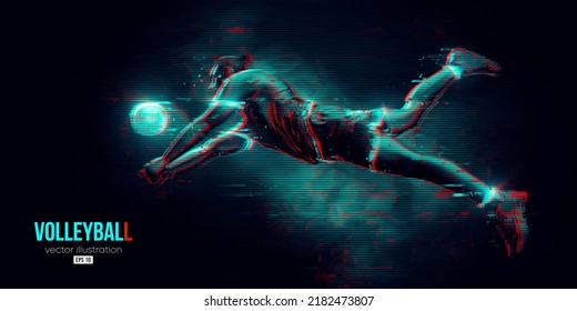 Abstract silhouette of a volleyball player on blue background. Volleyball player man hits the ball. Vector illustration