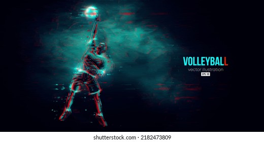 Abstract silhouette of a volleyball player on blue background. Volleyball player man hits the ball. Vector illustration