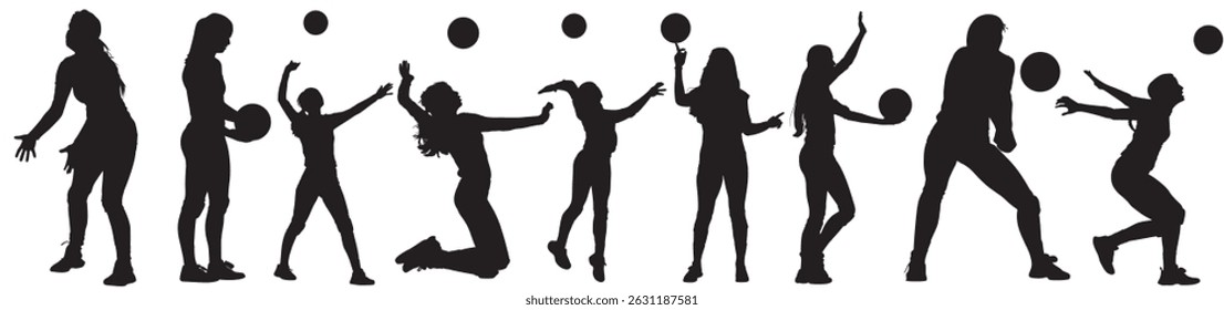 Abstract silhouette of a volleyball player on white background. Volleyball player woman hits the ball. Vector illustration