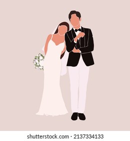 Abstract silhouette of wedding couple groom and bride. Woman with bouquet and man portrait. Invitation card. Wedding ceremony. Marriage people vector illustration. Newlyweds poster wall print decor