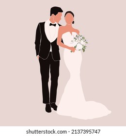 Abstract silhouette of wedding couple groom and bride. Woman with bouquet and man portrait. Invitation card. Wedding ceremony. Marriage people vector illustration. Newlyweds poster wall print decor