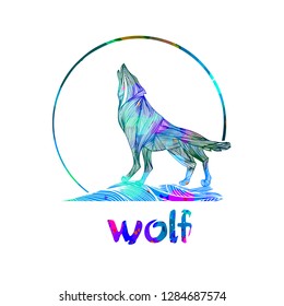 Abstract silhouette of a wolf howling at the moon from the lines