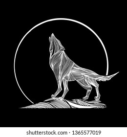 Abstract silhouette of a wolf howling at the moon from the lines
